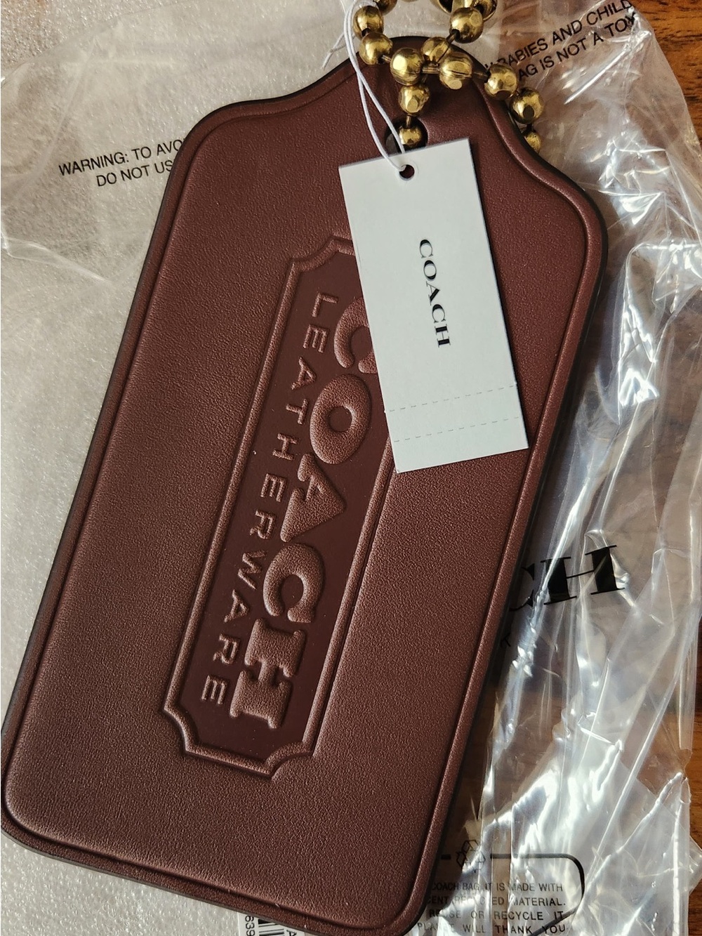 Coach Brown XL Leather Luggage Tag with Gold Bead Chain